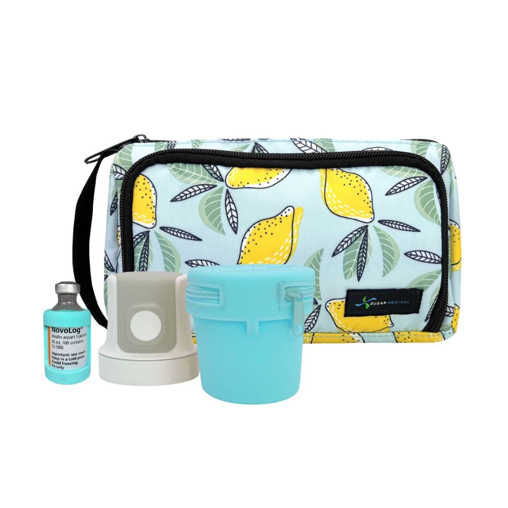Diabetes supply kit with lemon-patterned pouch, aqua g7 Dexcom travel case container, and aqua insulin vial sleeve on a white background