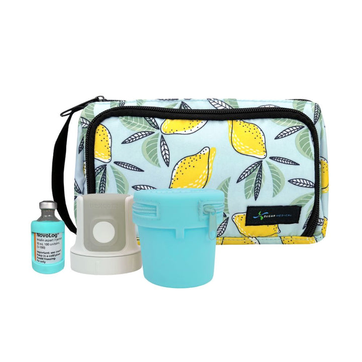 Diabetes supply kit with lemon-patterned pouch, aqua g7 Dexcom travel case container, and aqua insulin vial sleeve on a white background