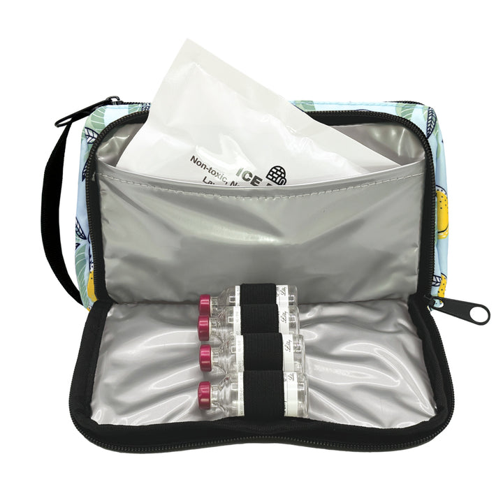A yellow and blue lemon pattern Insulated Diabetes Insulin Supply Case with insulated pocket open and an ice pack in slip pocket and four insulin vials secured in loops.