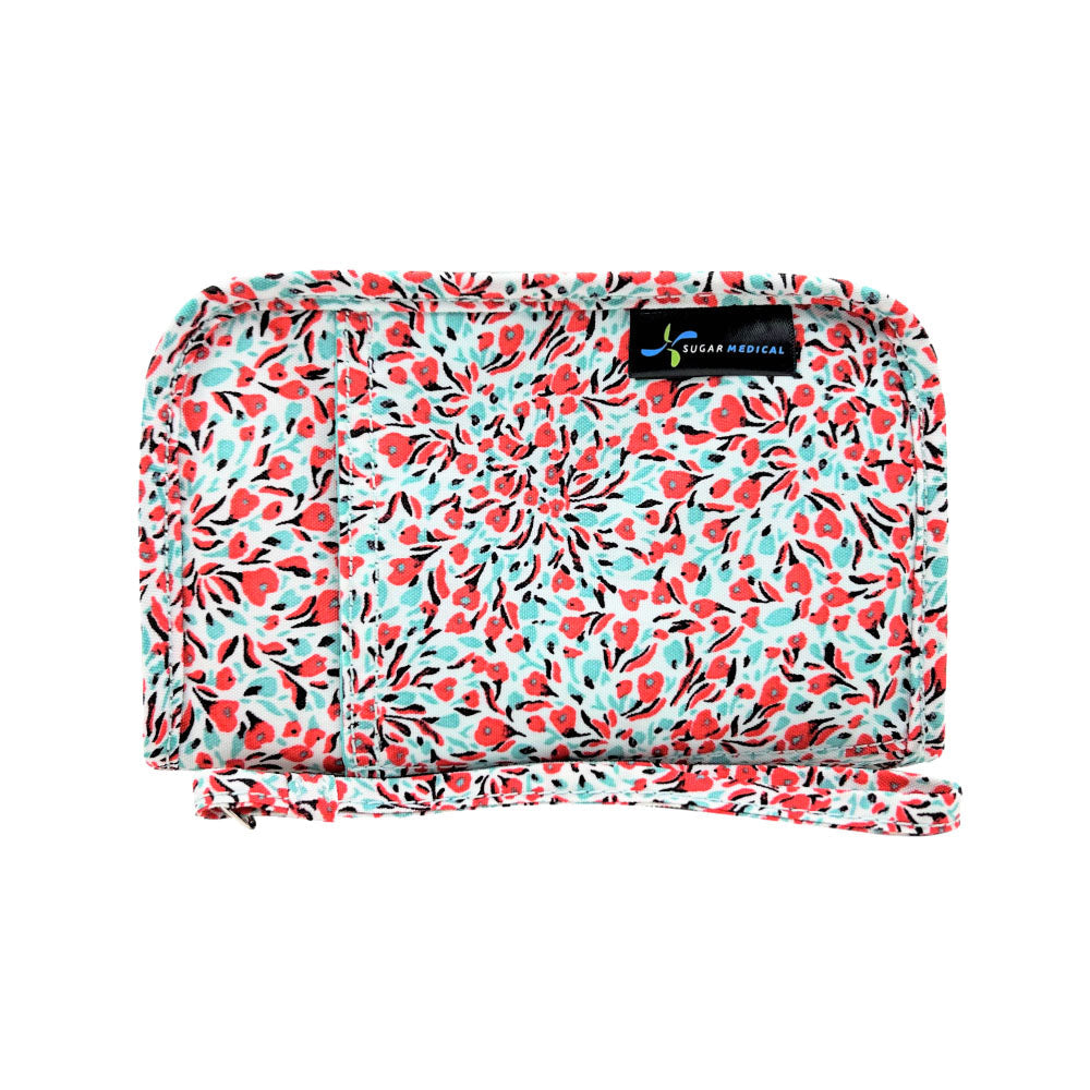 Sugar Medical Diabetes Supply Case II front that is white with teal and red mini flowers.
