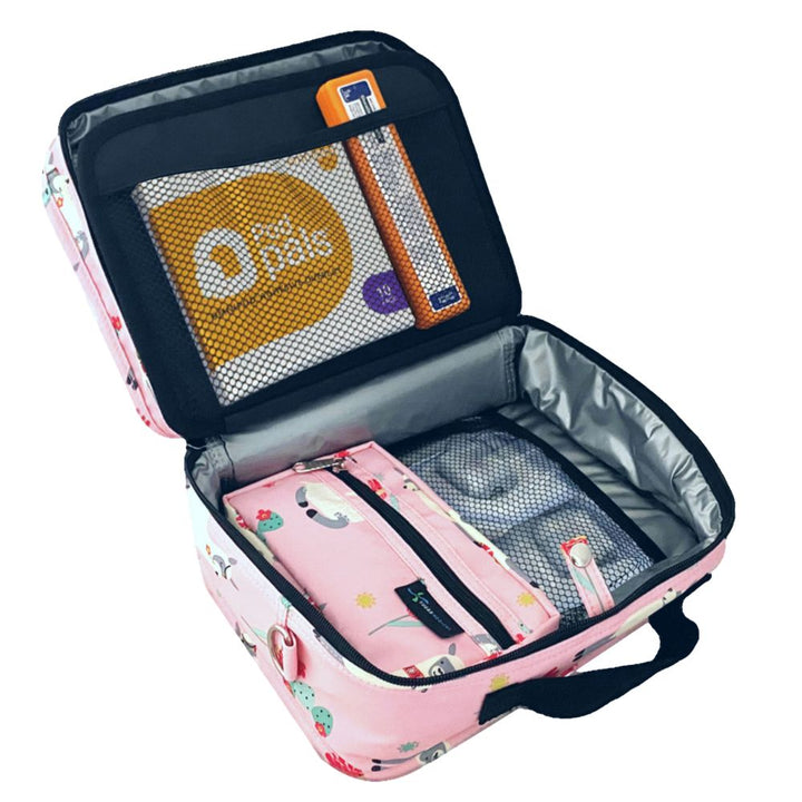 Diabetes Insulated Travel Bag in pink with llamas back compartment for Omnipod supplies, glucagon, Podpals,  extra pods and a matching removable pouch. 