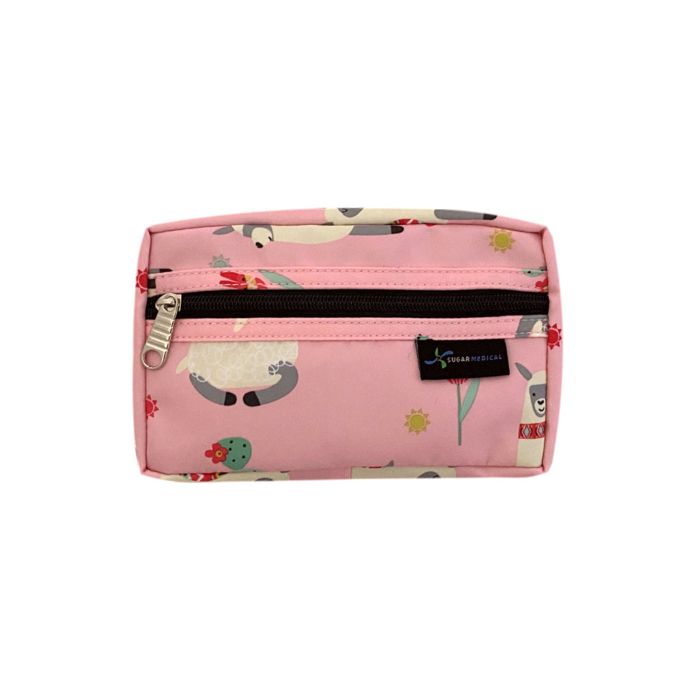 Diabetes Insulated Travel Bag in pink with llamas removable supply pouch zippered closed. 