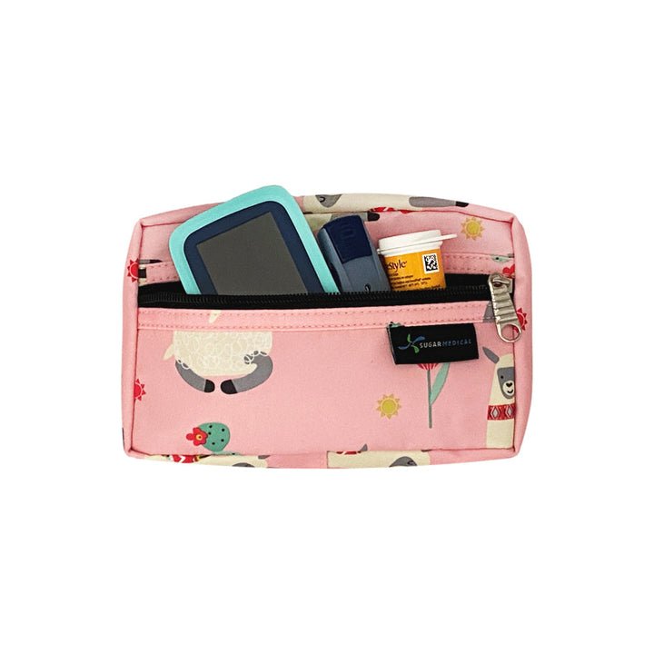 Pink with llamas on it removable supply pouch that fits freestyle libre, test strip and lancet. 