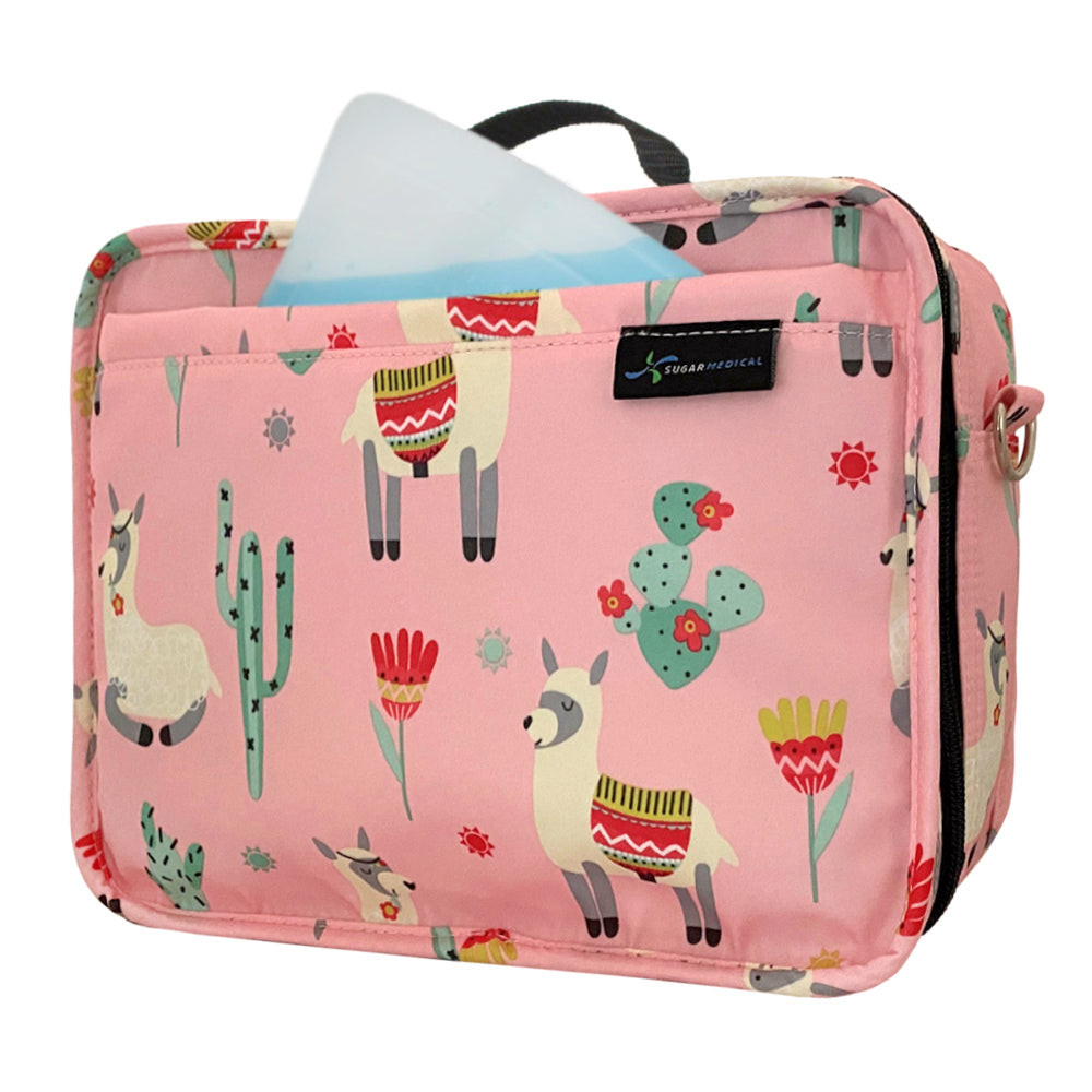 Diabetes Insulated Travel Bag in pink with llamas side with ice pack in front pocket. 