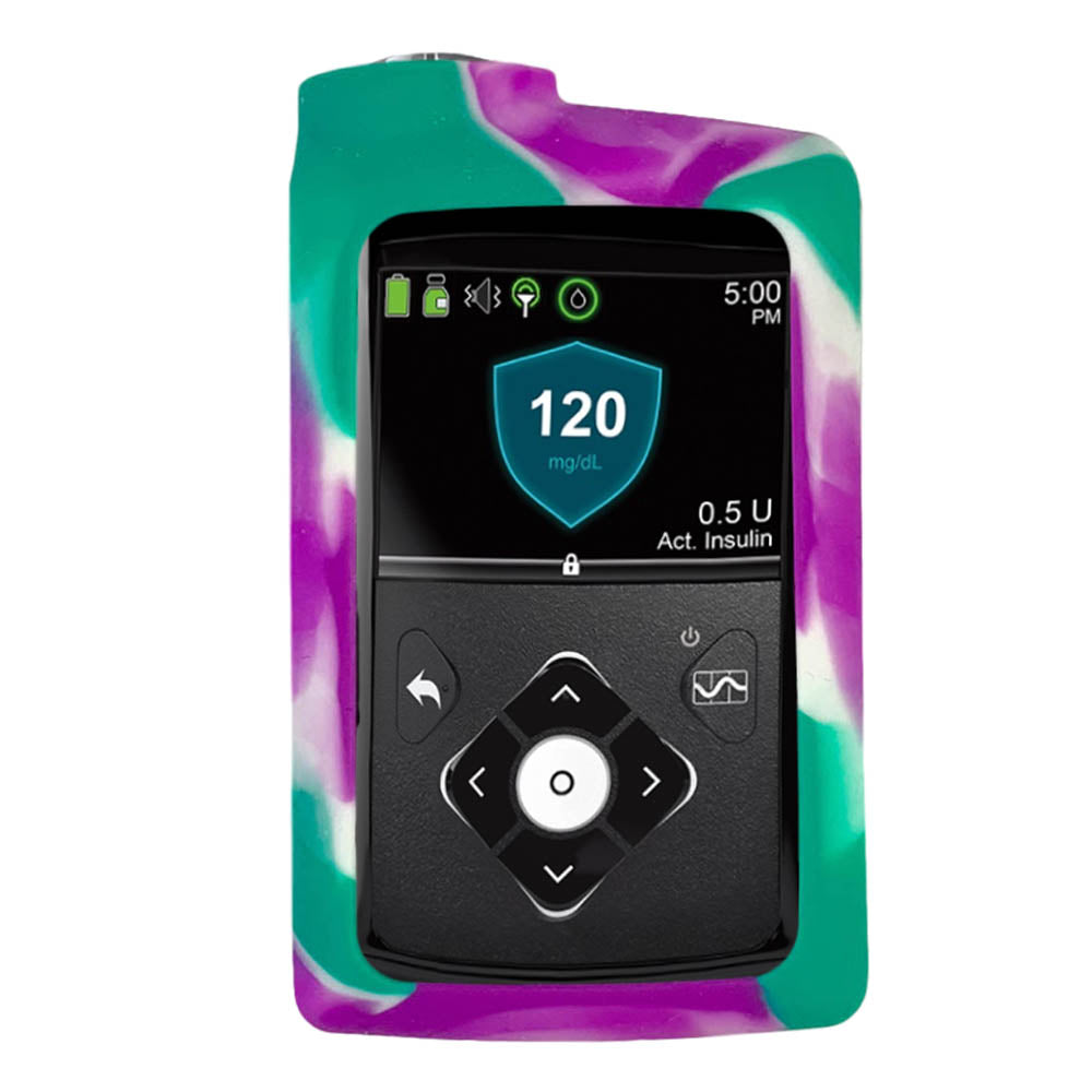 Purple, green and white Tie Dye Medtronic Insulin Pump Gel Skin with Medtronic pump in it.