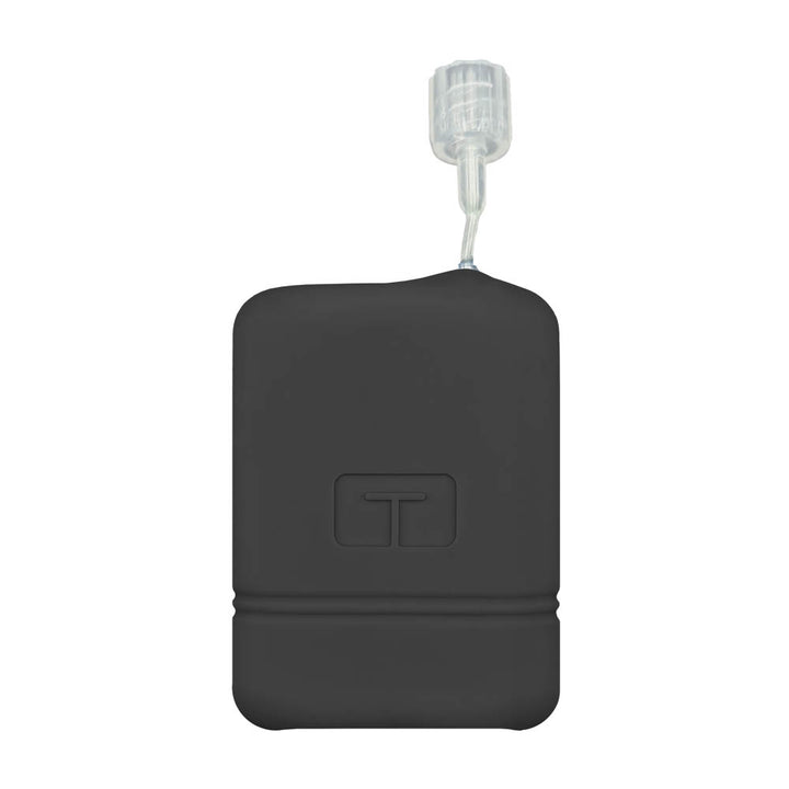 Front of black Mobi Tandem gel skin cover to protect insulin pump with tubing coming out the top.
