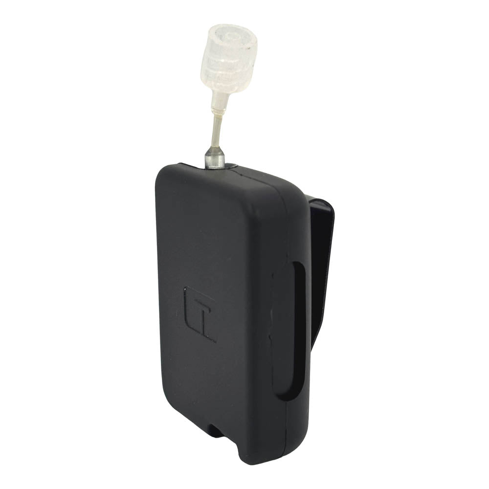 Black Tandem Mobi EZ-To-Charge Clip with Mobi insulin pump inside the case, standing straight up tilted to left.