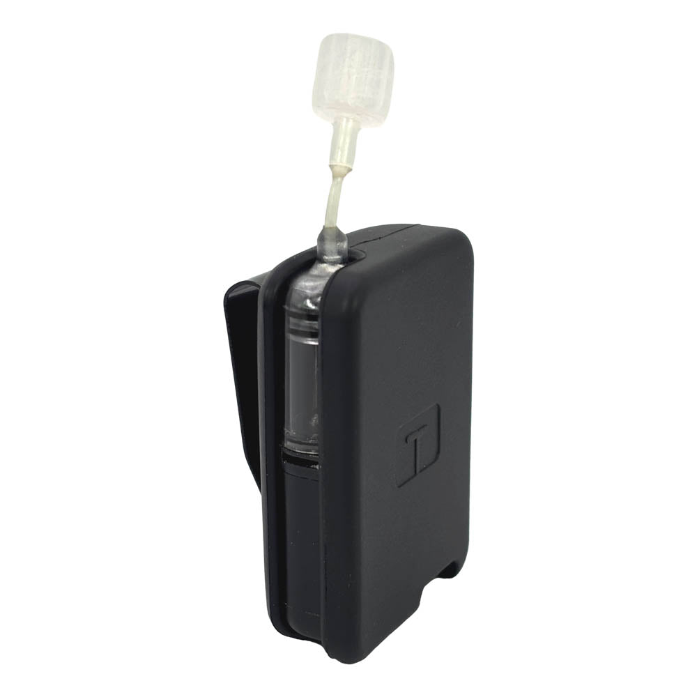 Black Tandem Mobi EZ-To-Charge Clip with Mobi insulin pump inside the case, standing straight up tilted to right.