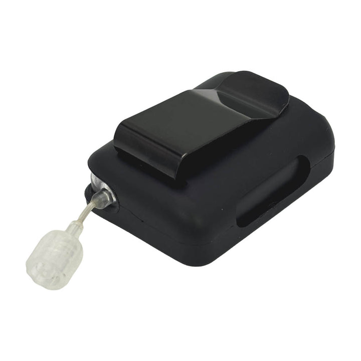 Black Tandem Mobi EZ-To-Charge Clip with Mobi insulin pump inside the case, laying flat on a surface.
