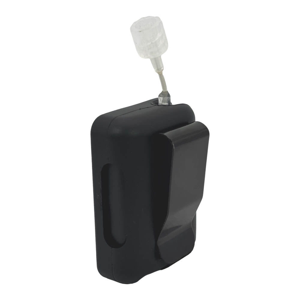 Black Tandem Mobi EZ-To-Charge Clip with Mobi insulin pump inside the case, standing straight up showing metal clip on back.