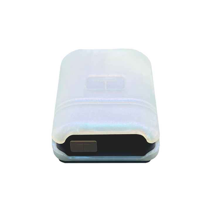 Bottom of the white shimmer Mobi Tandem gel skin with pump in it showing the button.