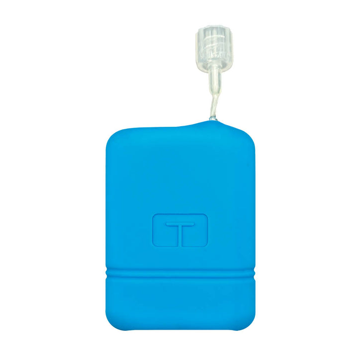 Front of blue Mobi Tandem gel skin cover to protect insulin pump with tubing coming out the top.