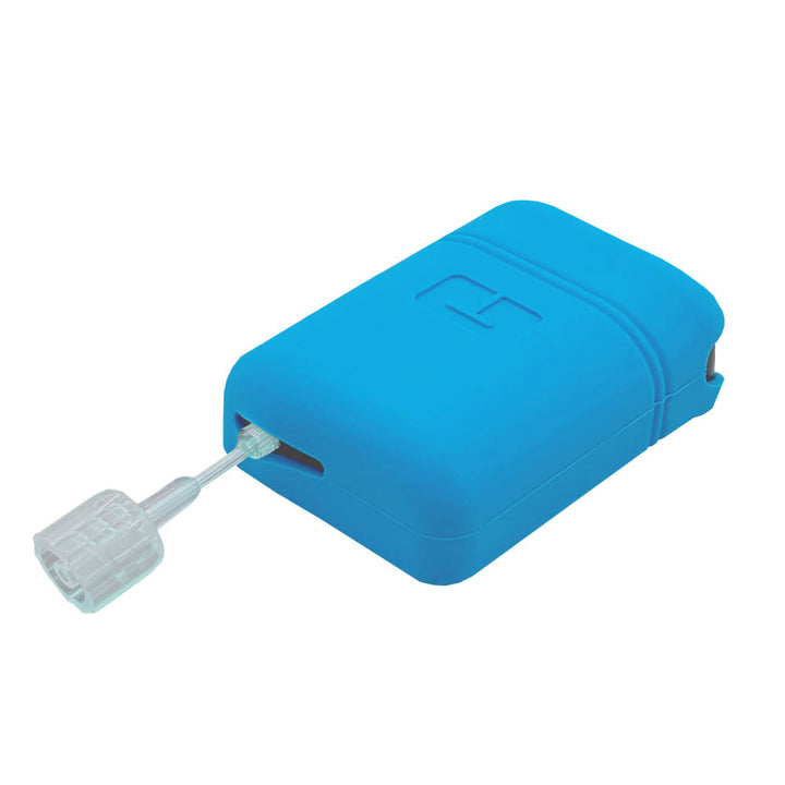 Blue Mobi Tandem Gel Skin on the side with the tubing of the Mobi pump coming out of the top.