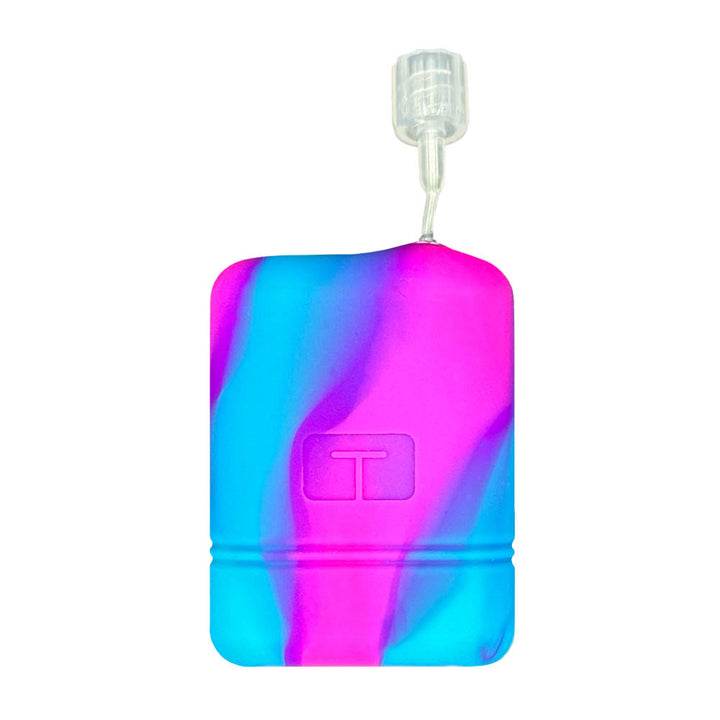 Front of black Mobi Tandem gel skin cover to protect insulin pump with tubing coming out the top.