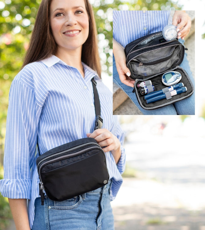 New Arrival of the Black Sugar Medical Diabetes Belt Bag with front pocket to organize your medical supplies and back insulted pocket to keep medicine cool. 