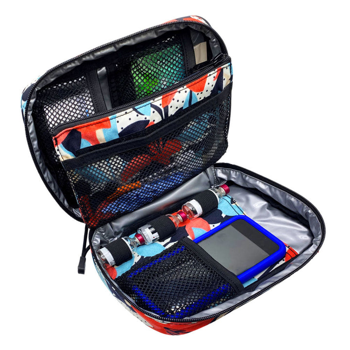 The back section has a mesh pocket with an Omnipod 5 device and three loops to secure three insulin vials.