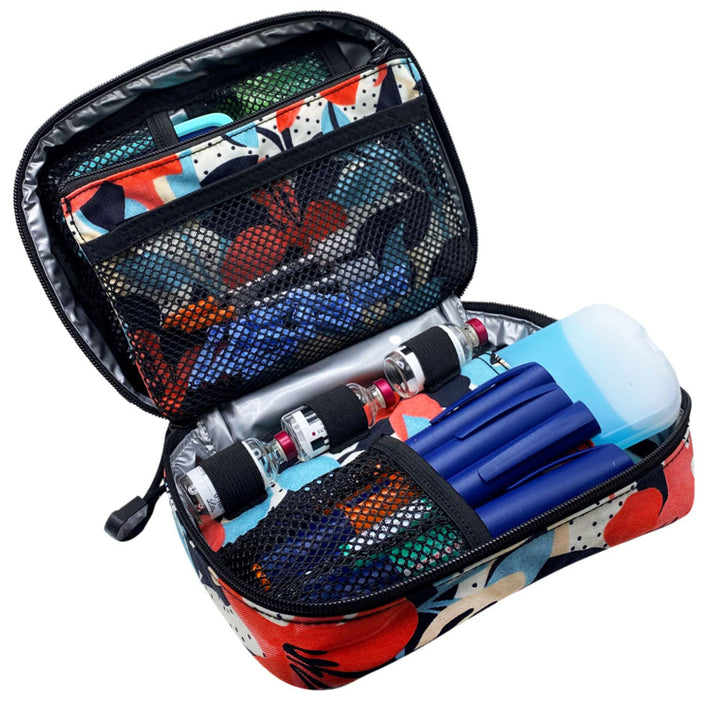 Flora diabetes organizer with insulated pocket that holds three insulin vials and four insulin pens.
