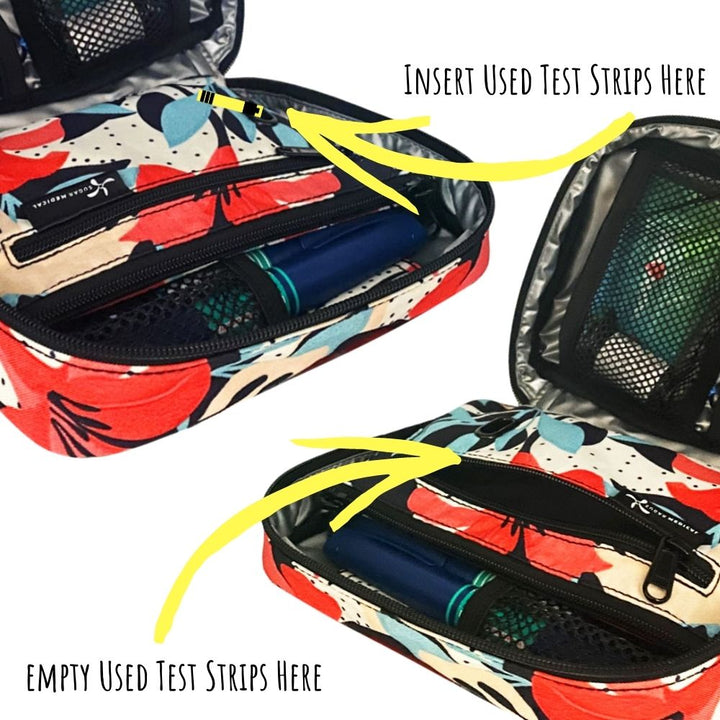 The middle divider has a used test trip pocket to insert your used test strips in and can be unzipped to empty.