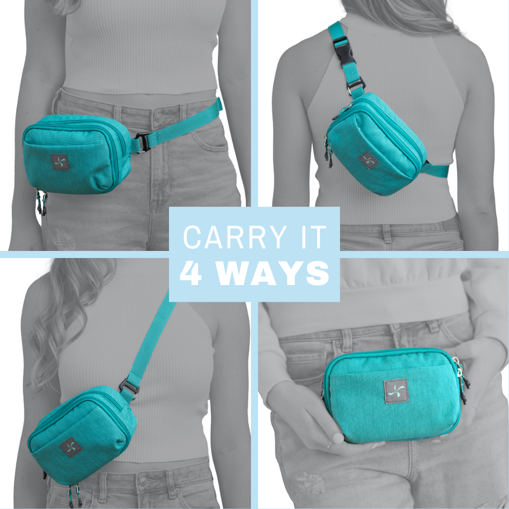 Diabetes Insulated Convertible Bag in Turquoise four ways to carry including on waist, crossbody in front, crossbody in back and in hand.