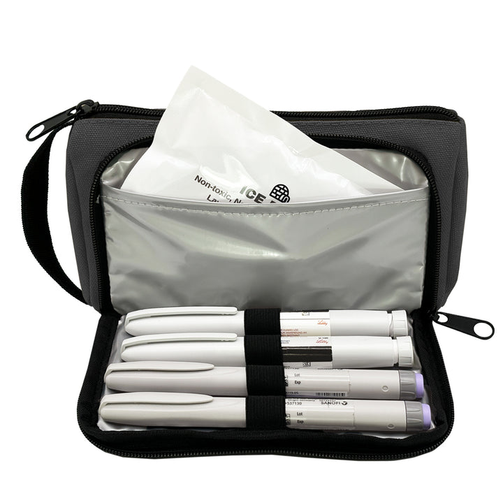 Black Insulated Diabetes Insulin Supply Case front pocket open with four insulin pens and included ice pack.