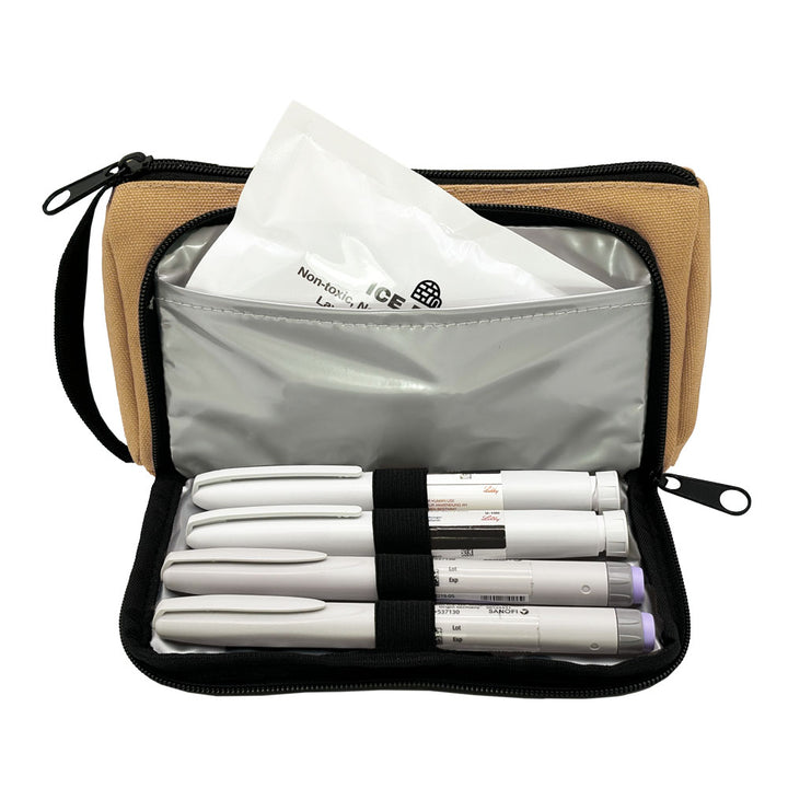 Hamilton Brown Insulated Diabetes Insulin Supply Case front pocket open with four insulin pens and ice pack.