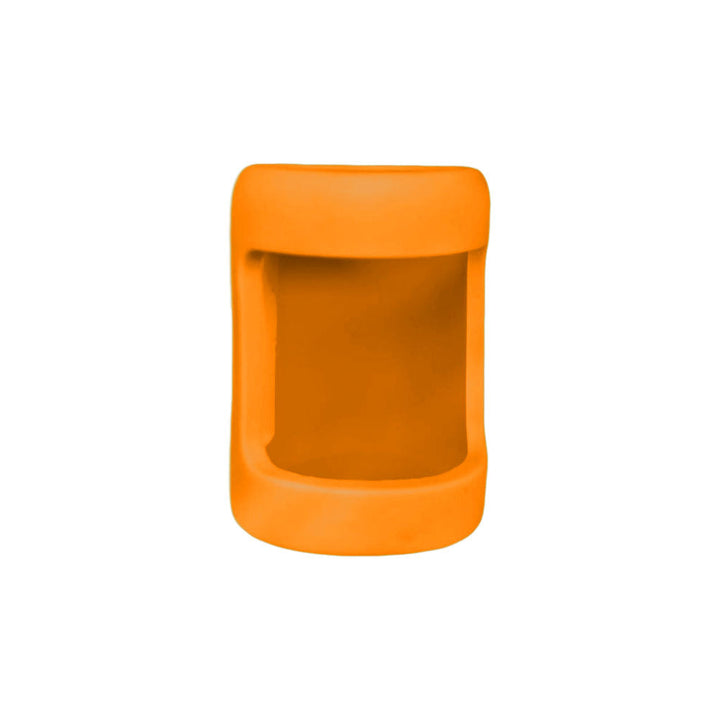 Front view of orange insulin vial silicone protective sleeve with opening for insulin vial label.