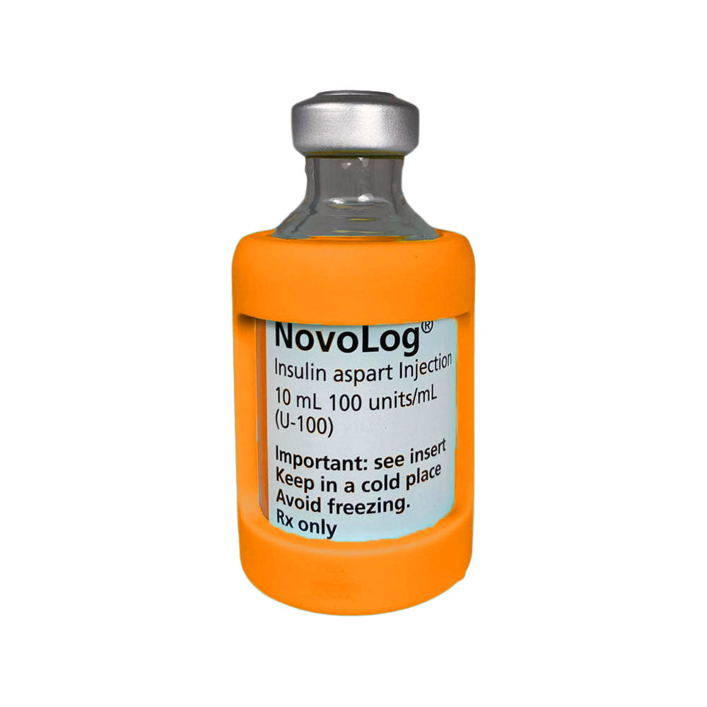 Front side of insulin vial with orange silicone insulin vial sleeve for protection.