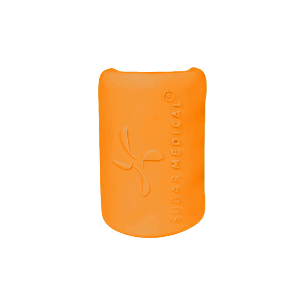 Back side view of orange insulin vial silicone protective sleeve with sugar medical logo.