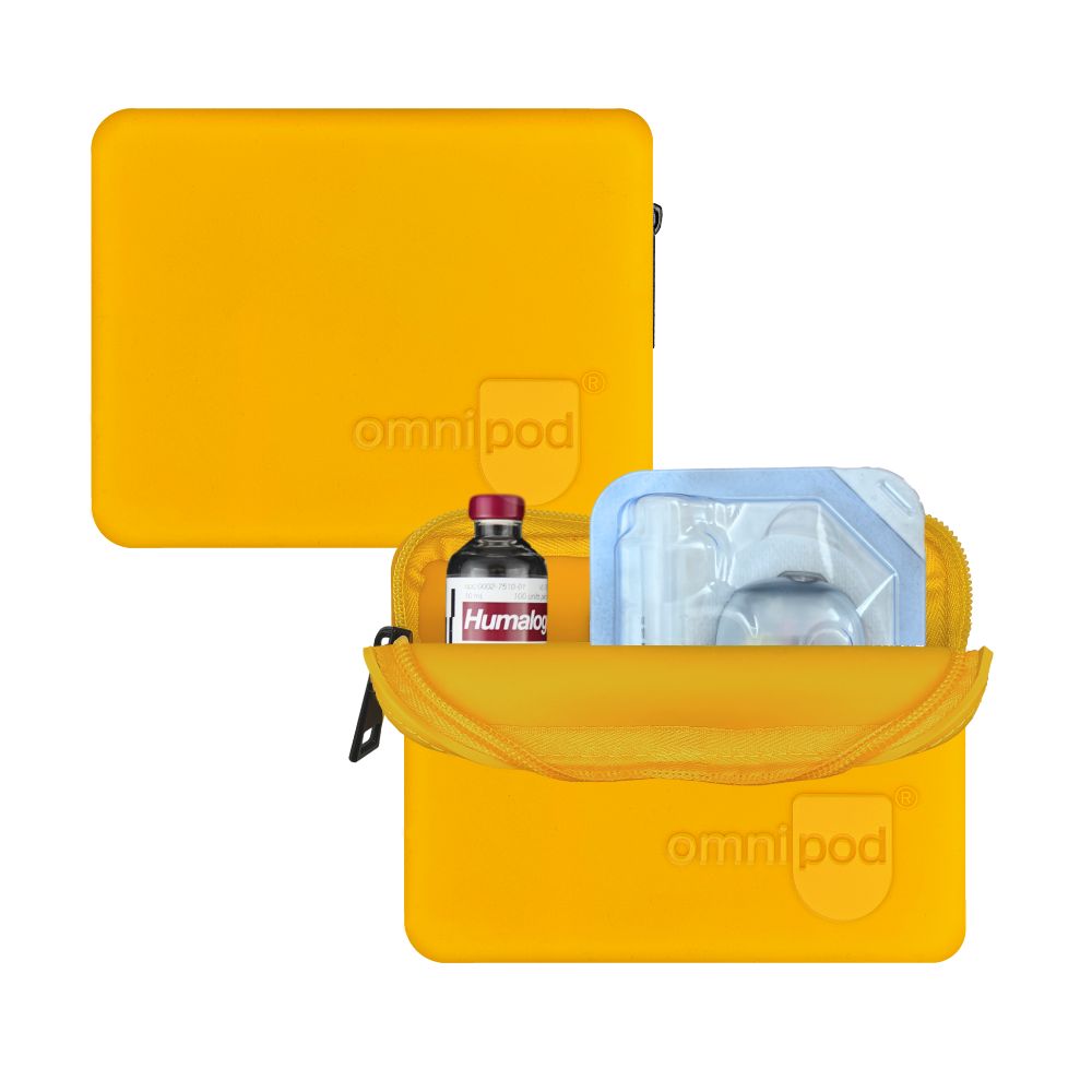 Yellow silicone protective travel case with medical supplies on a white background