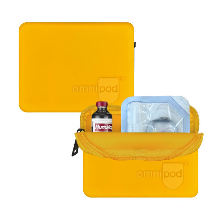 Yellow silicone protective travel case with medical supplies on a white background