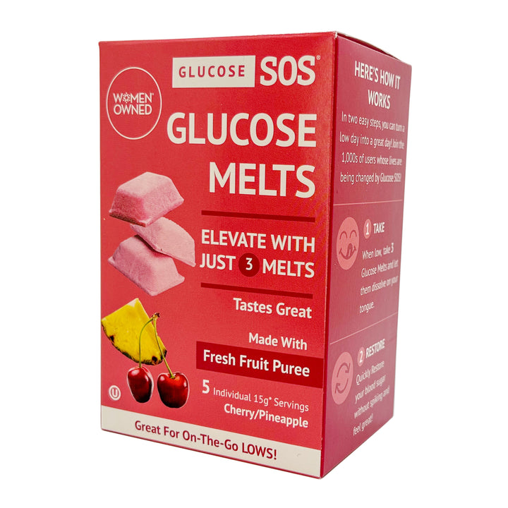 Box of Cherry Pineapple Glucose SOS Glucose Melts elevate with just three melts and taste great.