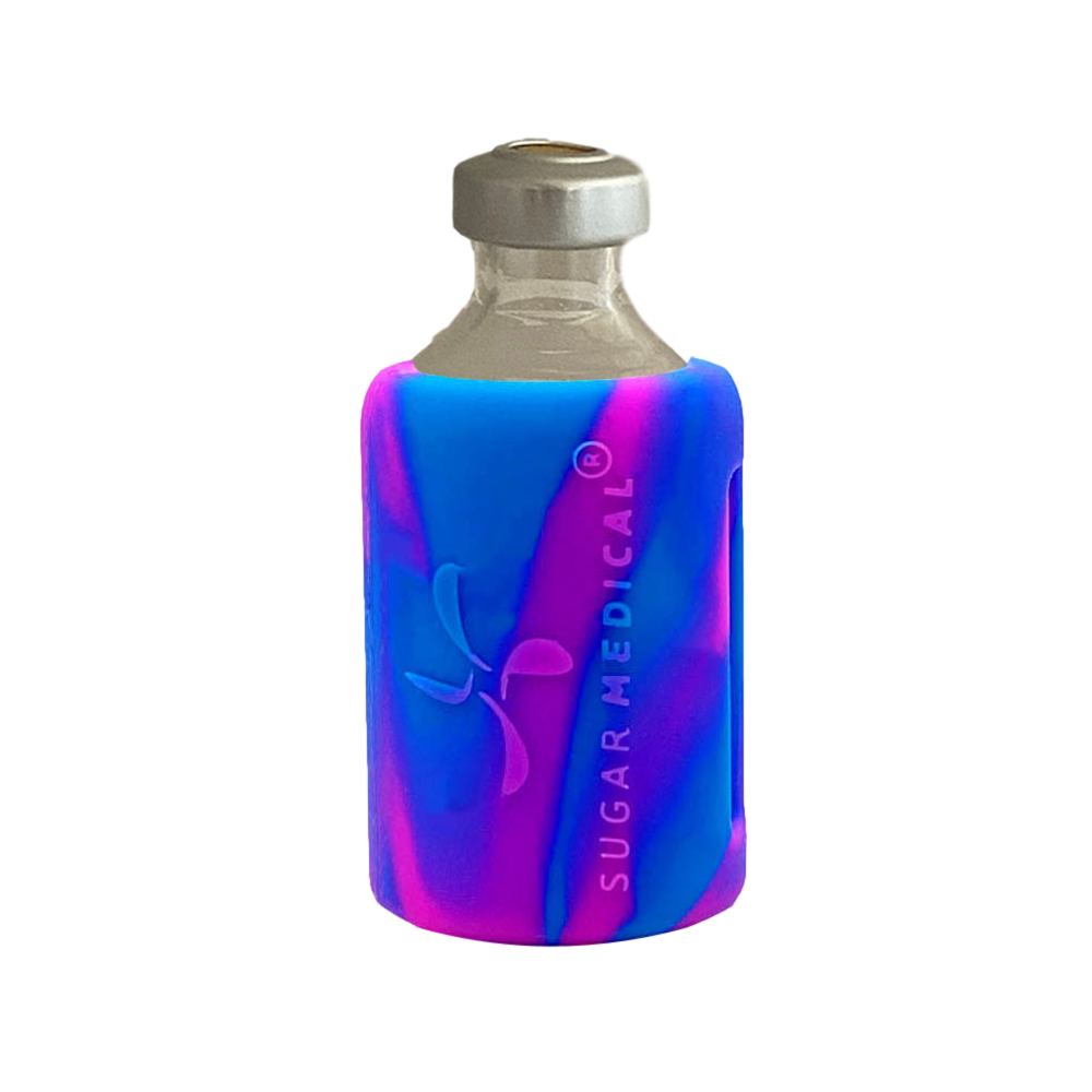 Back side of vial with pink and blue tie dye silicone insulin vial protective sleeve with Sugar Medical Logo.