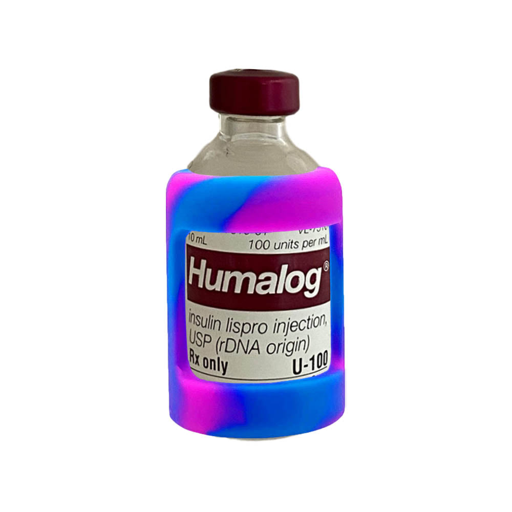 Front side of insulin vial with pink and blue tie dye silicone insulin vial sleeve for protection.