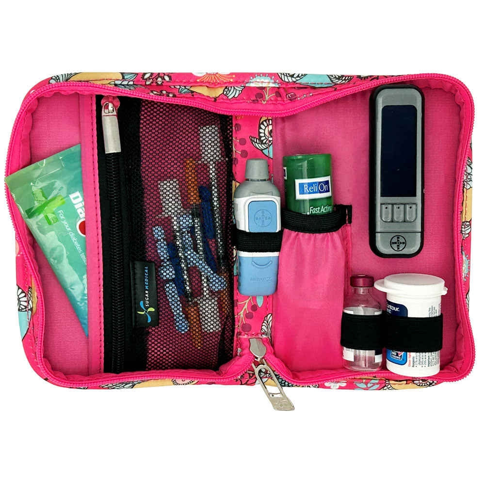 Sugar Medical Diabetes Supply Case II pink with owls inside set up with glucose meter, test strips, lancet, and glucose tabs and wipes. 