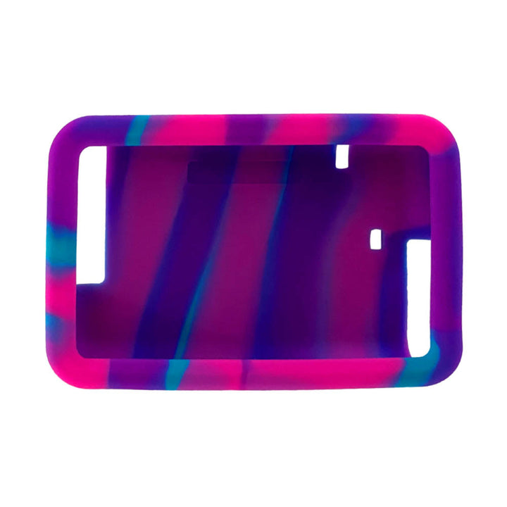 The front of the pink, purple and blue tie-dye Tandem t:slim Gel Skin with raised corners to protect pump against scratches and damage from drops.