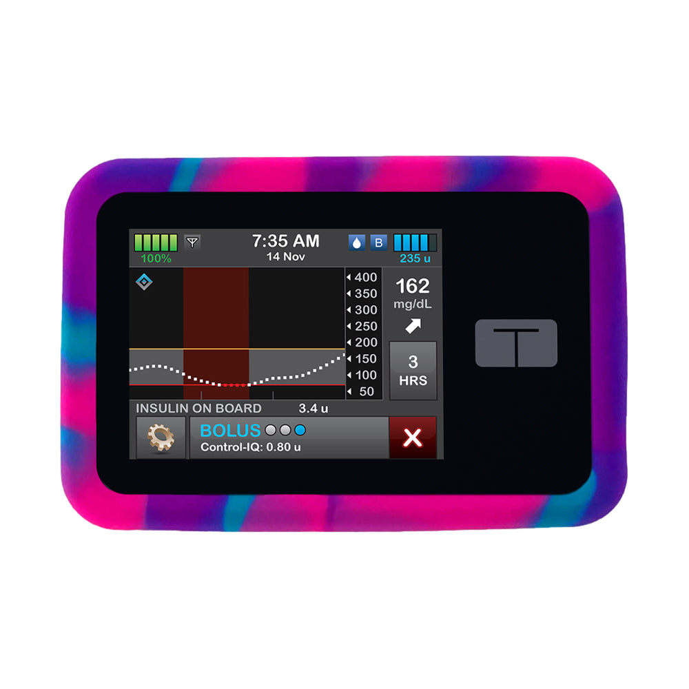 Protect your Tandem pump with the Tandem t:slim Gel Skin in pink, purple and blue tie-dye giving you a full view of the front of the Tandem pump.