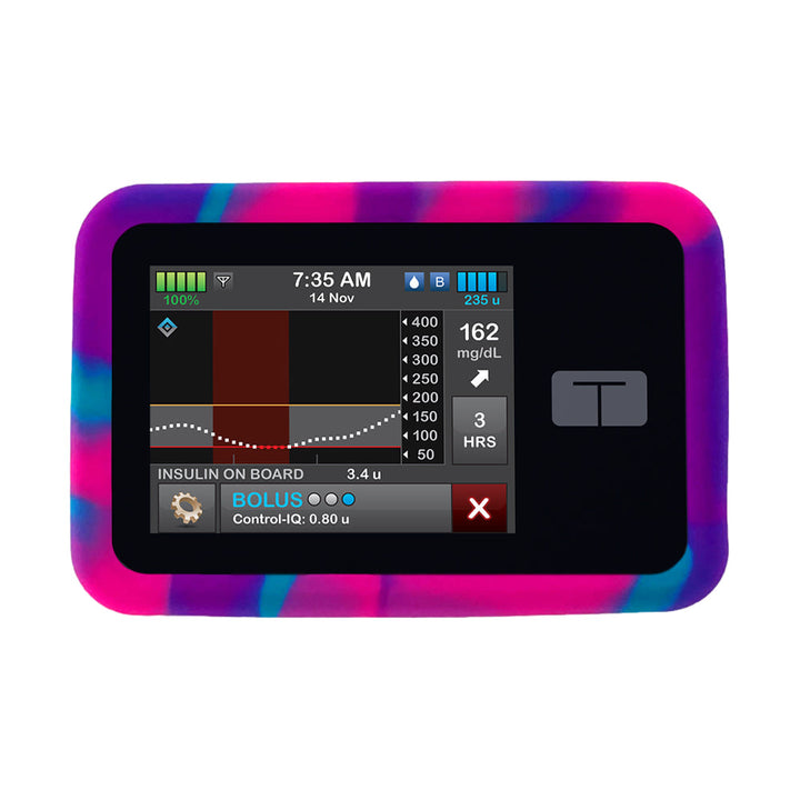 Protect your Tandem pump with the Tandem t:slim Gel Skin in pink, purple and blue tie-dye giving you a full view of the front of the Tandem pump.