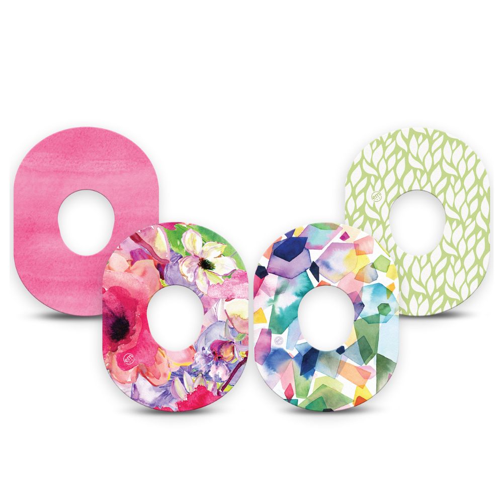 Pack contains one of each of Expression Med patch designs: Watercolor Red Flowers, Sage Greens, Pink Horizons and Kaleidoscope 