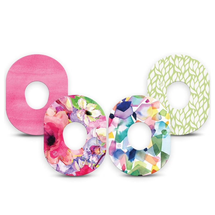 Pack contains one of each of Expression Med patch designs: Watercolor Red Flowers, Sage Greens, Pink Horizons and Kaleidoscope 