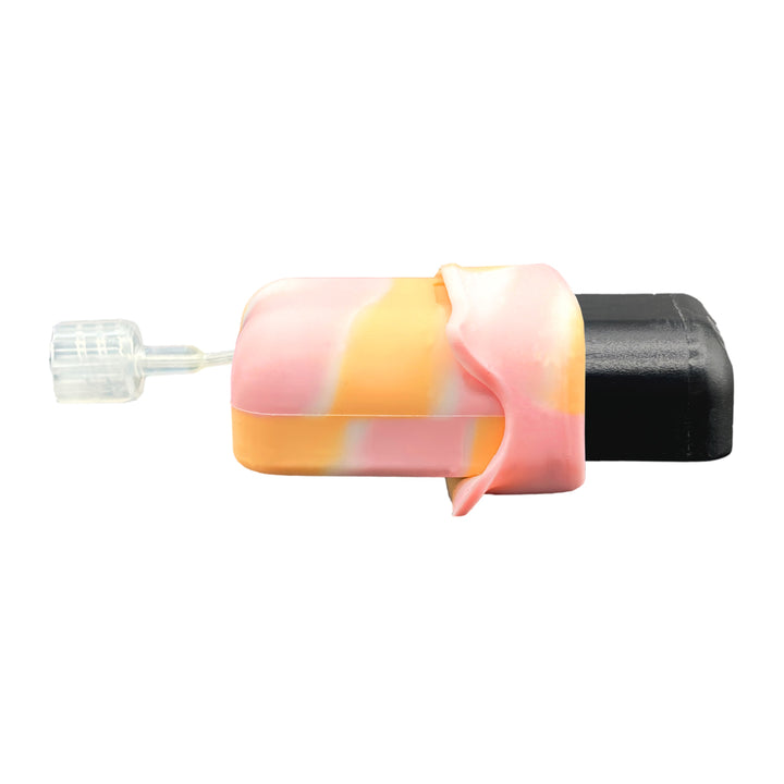 The side of the white, pink and orange sorbet colored Mobi Tandem Gel Skin pulled up on the insulin pump showing grooves for optimal grip and fold back for easy removal.