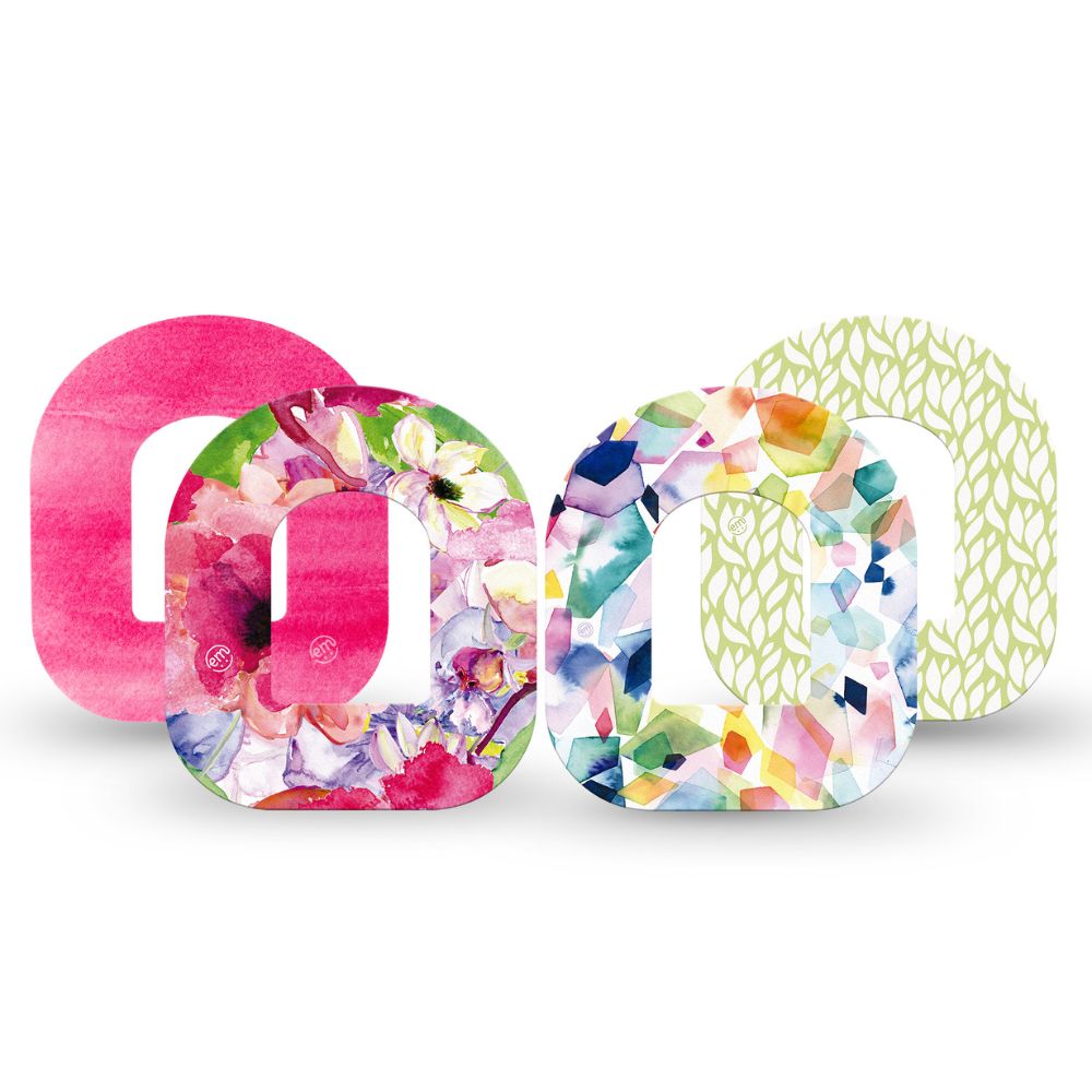 Expression Med patch designs: Watercolor Red Flowers, Sage Greens, Kaleidoscope and Pink Horizon.