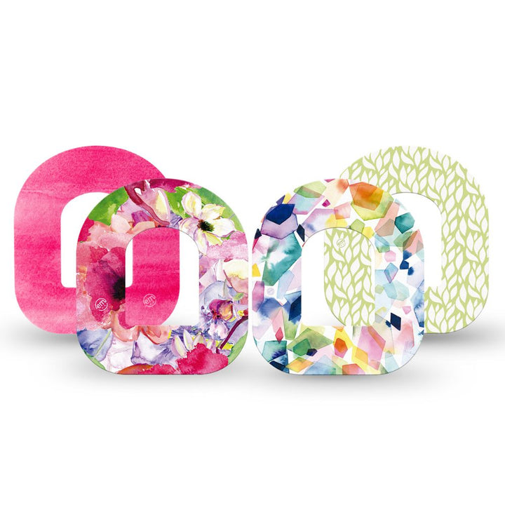 Expression Med patch designs: Watercolor Red Flowers, Sage Greens, Kaleidoscope and Pink Horizon.
