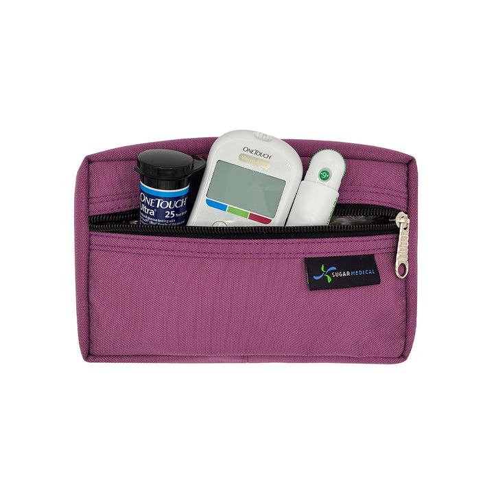 Diabetes Insulated Travel Bag in orchid removable supply pouch zippered with glucose meter, lancet and test strips.