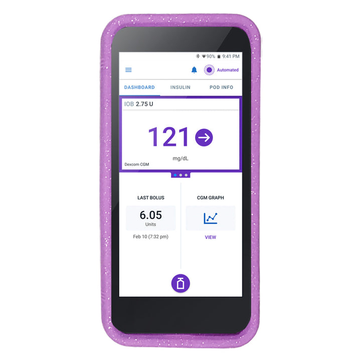 Purple glitter Omnipod® 5 Case provides protection for your Omnipod 5 from bumps and drops.