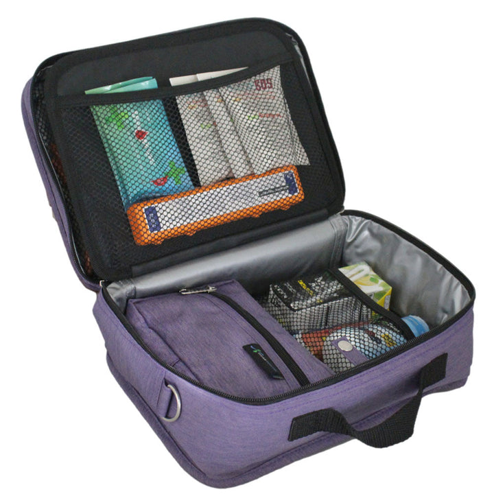 Diabetes Insulated Travel Bag in purple back compartment for a glucagon kit, Tandem supplies, Dexcom, snacks, glucose tablets, and includes a removable pouch.