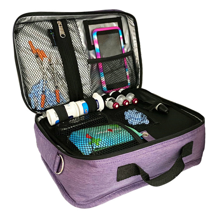 Diabetes Insulated Travel Bag in purple front compartment for Omnipod supplies, insulin vials, test strips and wipes. 