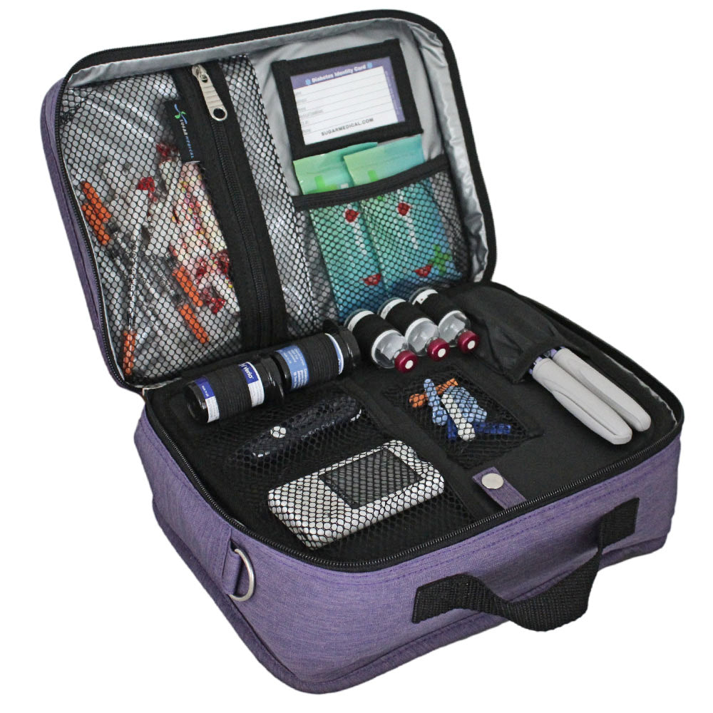 Diabetes Insulated Travel Bag in purple front section has pockets for glucose meter and lancing device and loops for insulin vials and pocket for insulin pens. 