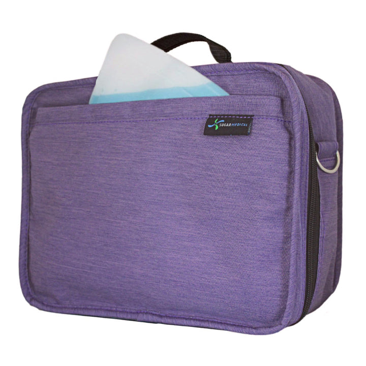 Diabetes Insulated Travel Bag in purple side with ice pack in front pocket. 