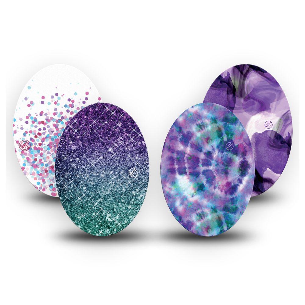 One of each of Expression Med Medtronic patch designs including Glittering Ombre, Confetti, Purple Storm and Purple Tie Dye.
