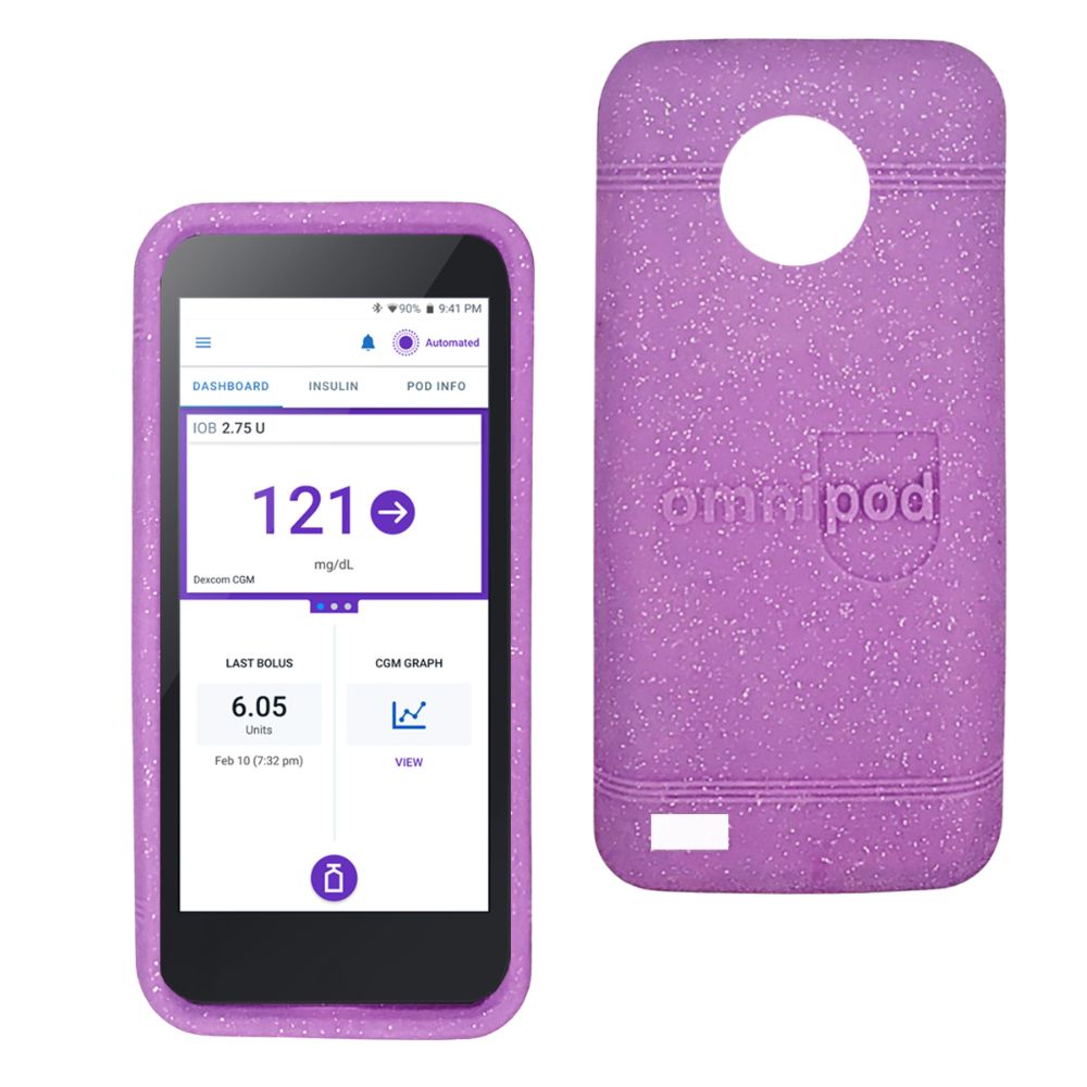 Front and back views of Omnipod gel skin case in purple glitter, showing protective cover with soft silicone texture.